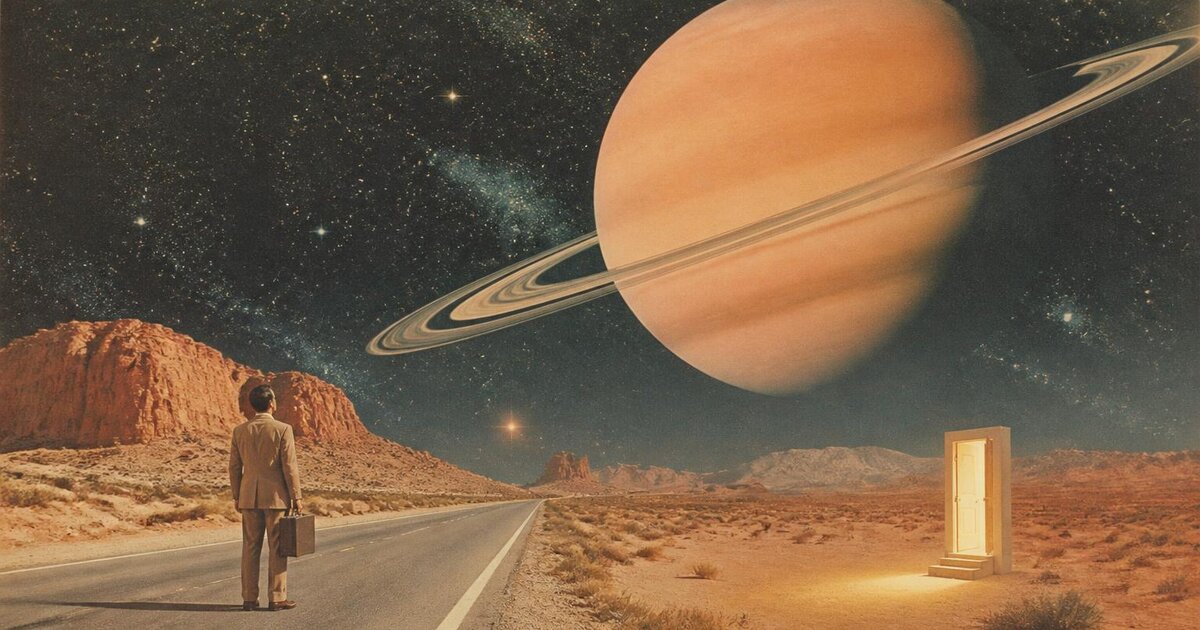 Oil painting of Saturn as a pale ochre ringed sphere in a chalk-white sky, with three small moons clustered near the front catching the light.