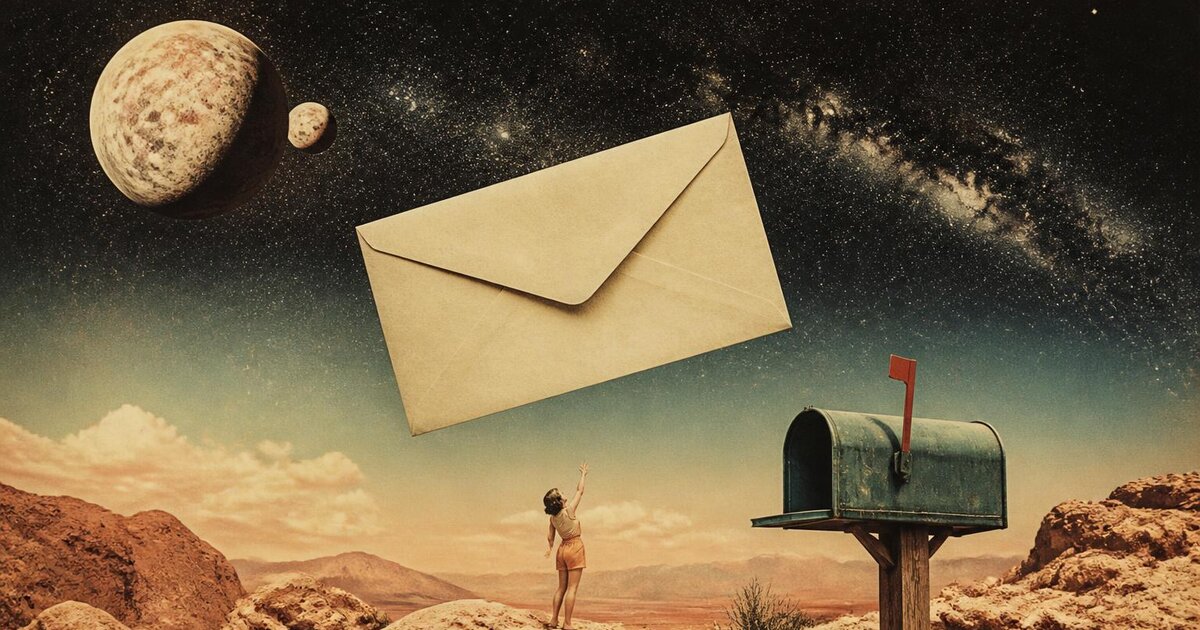 Oil painting of a single sealed envelope on a dark wooden table lit from one side, a drift of identical unopened envelopes falling away into shadow.