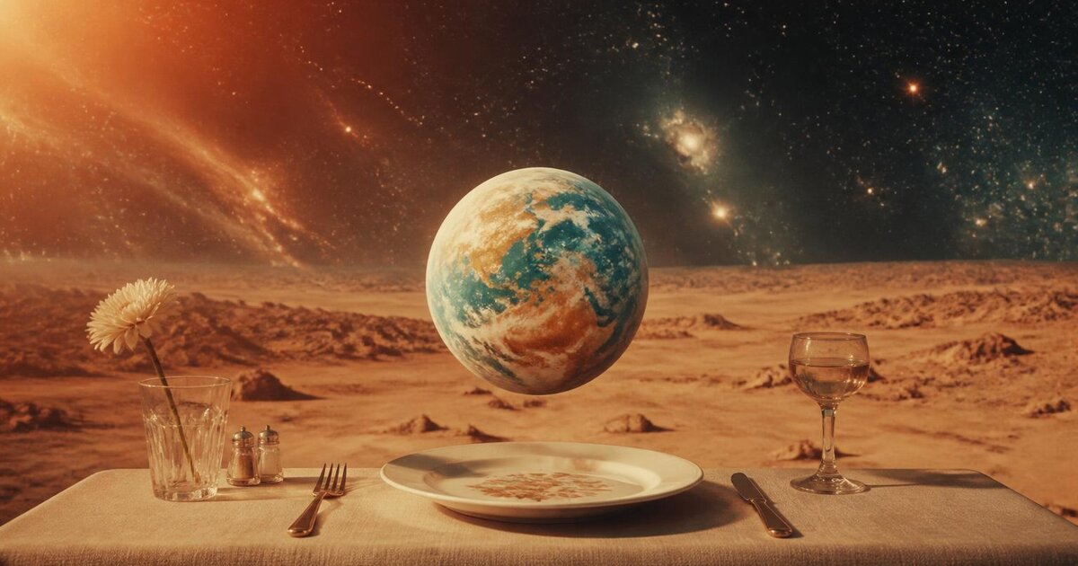 Oil painting of a receding row of many small identical pale planetary spheres on a chalk-white field, with one larger ochre sphere pulled forward into the light.