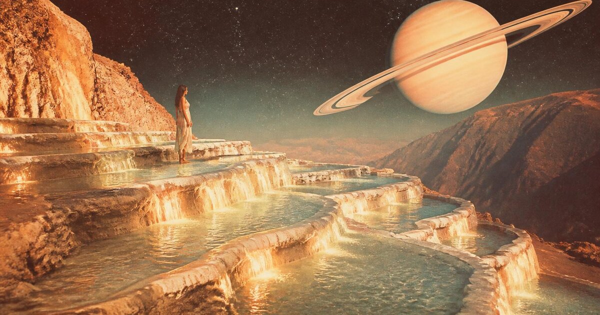 Oil painting of water spilling from a stacked series of stone basins, the top basin full and lit, each lower one catching what the one above could not hold.